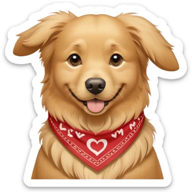 A very sweet, happy golden retriever with a bandanna that says I love my mom sticker