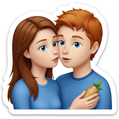 Girl with straight brown hair kissing ginger boy. Both have blue eyes  sticker