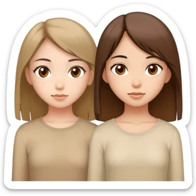 two girls with the same colour of hair - brown, the same length of hair - middle, the same type of hair - straight, the first girl with fair complexion, the second with oriental complexion, the same colour of eyes - hazel. they wear the same beige tops.  sticker