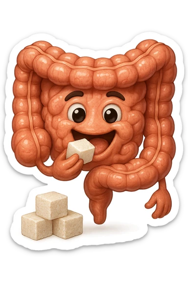 emoji stile iphone di un intestino anatomico che mangia zollette di zucchero, iperrealistico 4k, isolato su sfondo bianco sticker