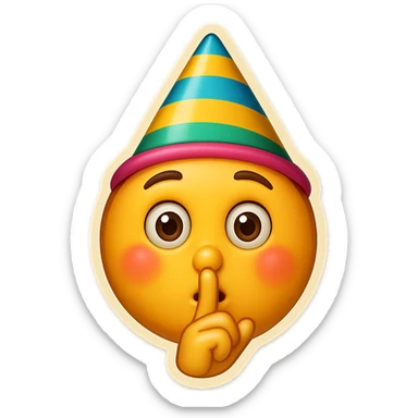 Add a finger in front of the pursed lips to clearly show the shushing gesture, keeping the party hat and playful expression, no background. sticker