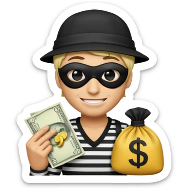 a short ios emoji-style portrait of a classic burglar, a black eye mask and a black-and-white striped shirt. emoji-like hair, black hat, a bag of money 💰 with a dollar sign in a right corner, evil expression  sticker