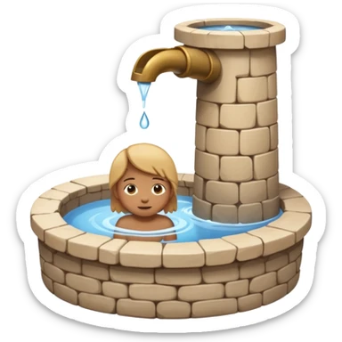 Create a clean emoji-style icon showing a small child falling into a round stone water well. The well must be clearly recognizable: circular stone rim, dark opening. Show the child mid-air, tilted downward above the well with simple motion lines. sticker
