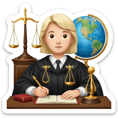 Create emojis representing:

A lawyer (legal profession symbol)

Scales of justice

Pen and paper (court documentation)

Globe (international cases)

Shield (rights protection)

Document (court ruling)

Speech bubble (negotiations/discussions)

Figure in judge's robe sticker
