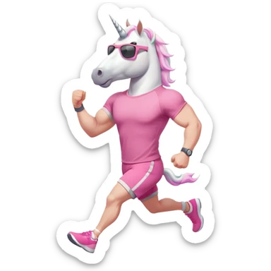 friendly anthropomorphised male white unicorn with a fit, chunky, muscular and strong physique, arms and legs matching the white of the head, in grey shorts and pink t-shirt, wearing dark sunglasses, jogging upright in a relaxed pose sticker