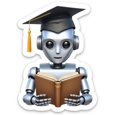 Non-human like robot reading a big book with graduation head sticker