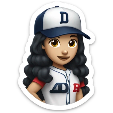 White girl with black long hair who wearing navy ballcap emblazoned with a red D initial and wearing baseball uniform sticker