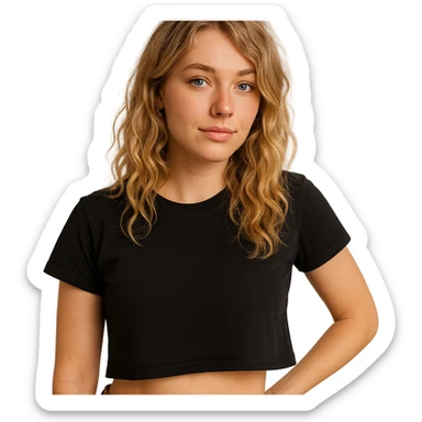 blonde wavy haired girl, blue eyes, left nose ring, black cropped shirt, casual pose sticker