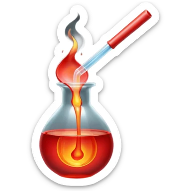Glassblowing and casting icon, molten glass being shaped into a delicate object with a blowpipe, glowing red-hot glass being poured into a mold, unfinished glass sculpture, minimalistic style, clean lines, transparent background. sticker