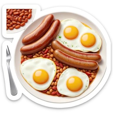Cinematic Realistic English Breakfast Dish Emoji, showcasing a hearty ensemble of eggs, bacon, sausages, baked beans, and grilled tomatoes rendered with lifelike texture and vibrant, appetizing detail that exudes comforting tradition. sticker