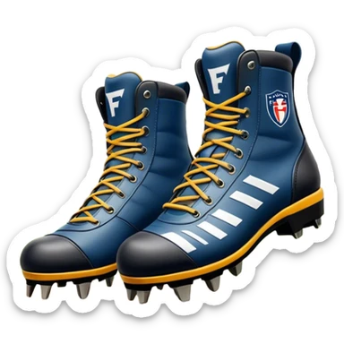 Cinematic Realistic image of a pair of AFL boots, showcasing detailed leather stitching and a rugged sole with fine cleat impressions, captured against a blurred stadium background with high-energy, dynamic lighting sticker