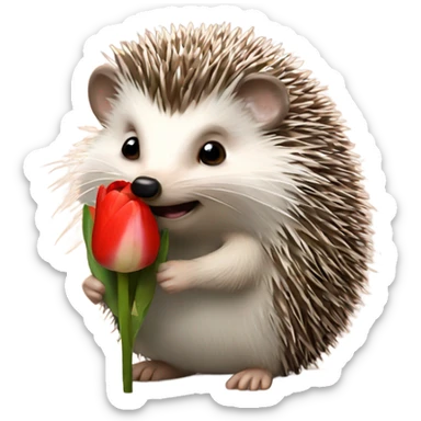 A hedgehog holding a tulip flower  sticker