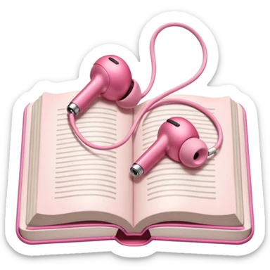  pink Pink Apple-style earbuds lying on an open book, soft pastel tones, cozy and minimal aesthetic, realistic lighting and shadows, top-down view, transparent background" sticker