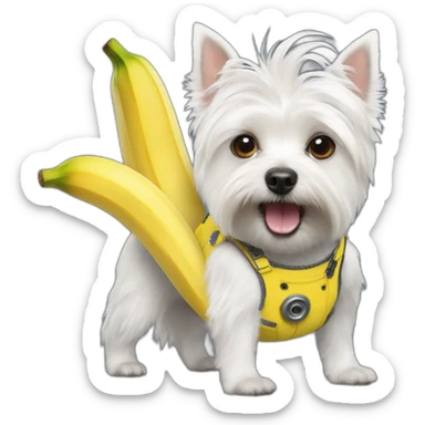 Whest Highland White Terrier dressed as minion with banana sticker
