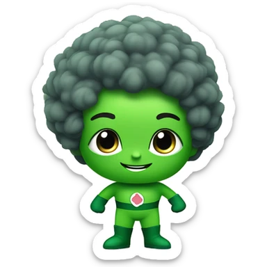 cute mini superhero with green clothes and a broccoli as hair,  full body saying hello sticker