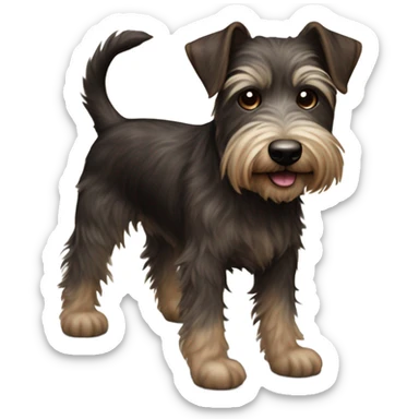 a dark brown haired brindle color with white under belly hair and one white paw terrier with crazy hair and long chin hair name Bon Jovi sticker