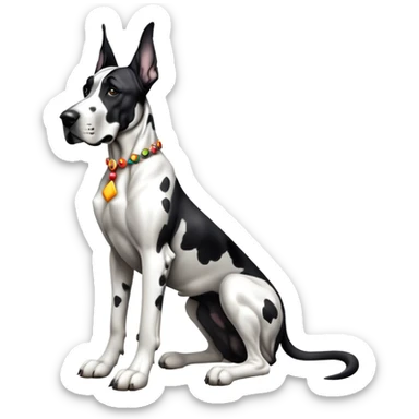 cinematic-[harlequin great dane]-realistic-full-body-sitting-emoji,-tail-resting-loosely-beside-its-paws,-head-tilted-dramatically, ears drooped, -sleek-[black and white]-fur,-simplified-yet-realistic-focused-features,-highly-detailed,-glowing-with-an-almost-sarcastic-glow sticker