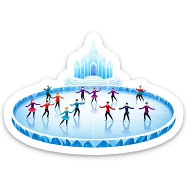 An icon of a theatrical ice show with close-up costumed figure skaters performing a dramatic scene on a glowing ice stage. Spotlights, colorful scenery, and a cheering audience in a grand arena convey the magic and artistry of the ice performance. Transparent background included. sticker