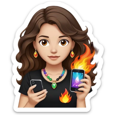 brunette girl with wavy medium length hair, brown eyes, light/medium skin tone, holding iPhone and light phone, wearing black tee shirt with flames on it and colorful beaded charm necklace sticker