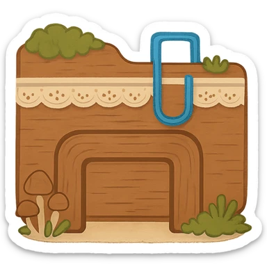 Edit the folder icon in a cottagecore style with soft earthy tones, moss, mushrooms, and lace. Change the U-shaped clip on the folder to a bright blue color matching the original File Explorer icon. Keep the rest of the icon's style and colors the same. No words or text. sticker