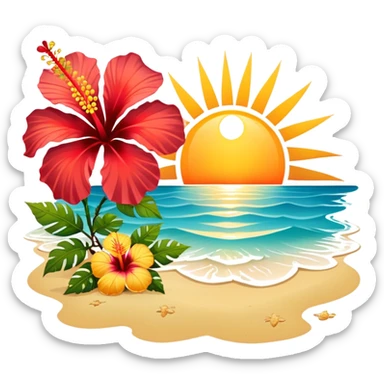 Golden sun with ibiscus flowers at seashore sticker