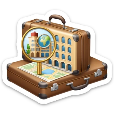 An icon featuring a suitcase, a hotel building, symbolizing the academic study of tourism and hospitality. The design includes a travel map and a magnifying glass, representing research into destinations and hospitality management. Transparent background sticker