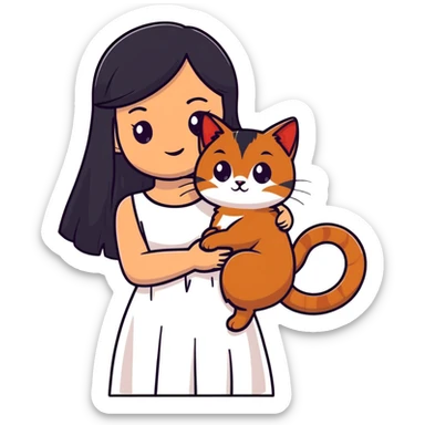 beautiful girl with long black hair wearing a white dress holding an Abyssinian cat with reddish-brown fur in her arms sticker