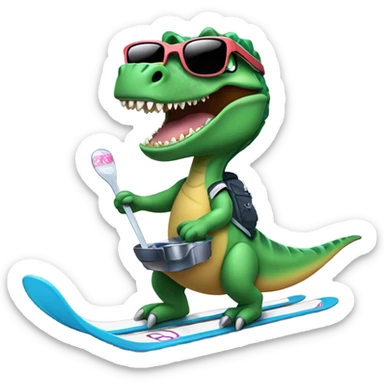 Dino on skis holding a spoon full of sugar and a lighter under it then the Dino needs swirling sunglasses sticker