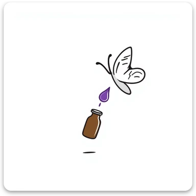 Small brown bottle floating with dim light, with a purple drop suspended in the air, slowly spinning in front of a luminous butterfly representing the thyroid gland sticker