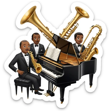 Icon for Jazz Music: Count Basie Orchestra, with Count Basie at the piano surrounded by jazz musicians playing instruments like saxophones, trumpets, and drums. Floating musical notes should capture the energetic and smooth vibe of big band jazz. Transparent background. sticker