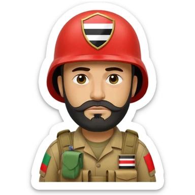 A tired, swarthy Iraqi soldier with a beard, an Iraqi flag on his helmet, a sad expression and bags under his eyes sticker