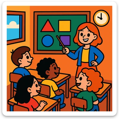 students in a classroom listening to a colorful, cheerful geometric shapes lesson, cartoon style sticker