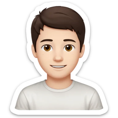 create an emoji of a teenage man, oval face, smile. he has an English look, very messy dark brown hair, dark brown eyes, pale skin, natural lips. he wears a short sleeve very white shirt sticker