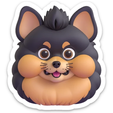 fluffy black and tan Pomeranian dog face, big dark eyes, black button nose, tan muzzle, tan eyebrow spots, thick fluffy fur, upright triangular ears with gray tips, friendly and cute sticker