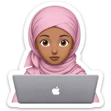 Light brown skin woman wearing loose light pink head scarf working behind laptop sticker
