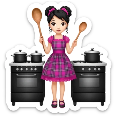 
A beautiful girl wears a fuchsia lace dress with a plaid pattern. Her long, curly black hair is styled in a messy bun. She wears accessories and holds a wooden kitchen spoon. She is standing and wearing black shoes. The illustration style is clipart. sticker