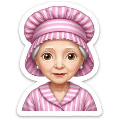 sick old woman with pink striped night gown, pink night bonnet on her head sticker