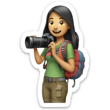 Cute filipina woman with backpack holding camera while hiking sticker