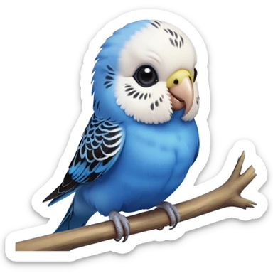 cinematic-cute-blue-budgie-portrait-emoji,-head-tilted-playfully-and-inquisitively,-featuring-a-brilliant-blue-feathered-fur-and white and black feathered face-with-a-natural-sheen,-round,-sparkling-dark-eyes-filled-with-curiosity,-simplified-yet-irresistibly-adorable sticker