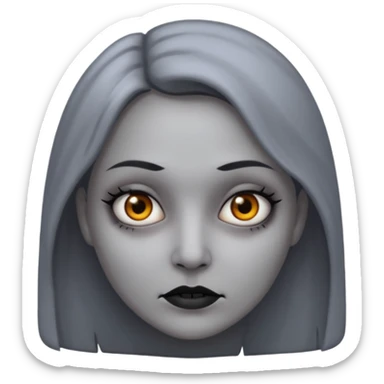 woman with gray skin and a creepy face sticker