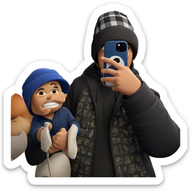 holding phone with a hat sticker