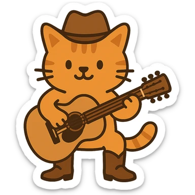 flat toon orange cowboy cat with cowboy boots strumming an acoustic guitar sticker