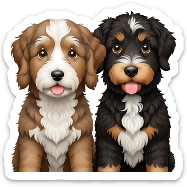 2 dogs: one light brown Aussiedoodle, one all-black Bernedoodle with white eyebrows some white markings, no brown coloring. Both same size. sticker