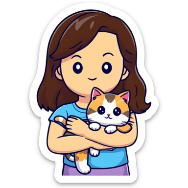 brown-haired girl holding a fluffy ragdoll cat sticker