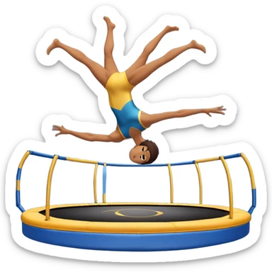 An athletic person soaring high above a trampoline, executing an acrobatic flip with perfect form. The scene captures motion and energy, with a dynamic pose, stretched limbs, and a focused expression. The background suggests a professional trampoline arena with safety padding. sticker