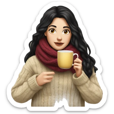 White girl black hair in a sweater and scarf sipping tea  sticker