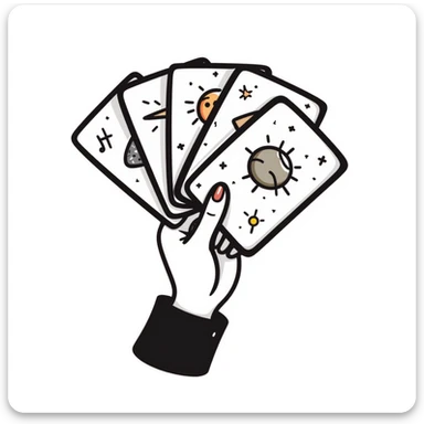 a hand holding a fan of mystical tarot cards with celestial symbols, pastel colors dd9fb0, ffc6d3, a3bfc9, c4bee2, f1b091, detailed hand-drawn doodle style sticker