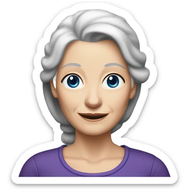 pretty older woman who is 75 years old with white skin, long grey and blonde hair in a ponytail, with dark blue eyes wearing purple top sticker