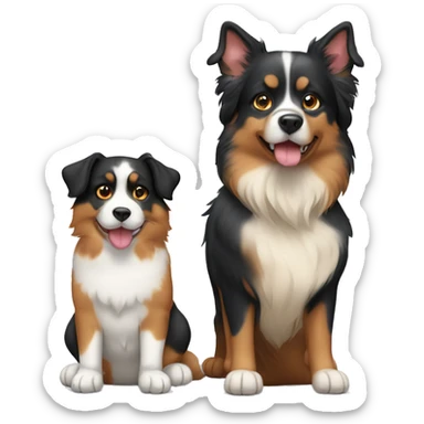 Two animals, a Fat calico cat with a black and tan Australian Shepard dog sticker