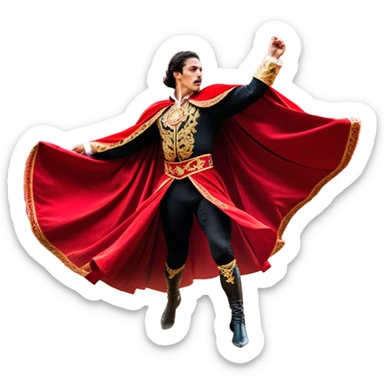 ​Cinematic Realistic Spanish Matador Holding a Red Cape, depicted in mid-action with a vibrant red cape flowing in the wind, dressed in an ornate traje de luces with shimmering details, confronting a charging bull in a dramatic arena, rendered with dynamic motion blur and vivid, high-contrast lighting, sticker